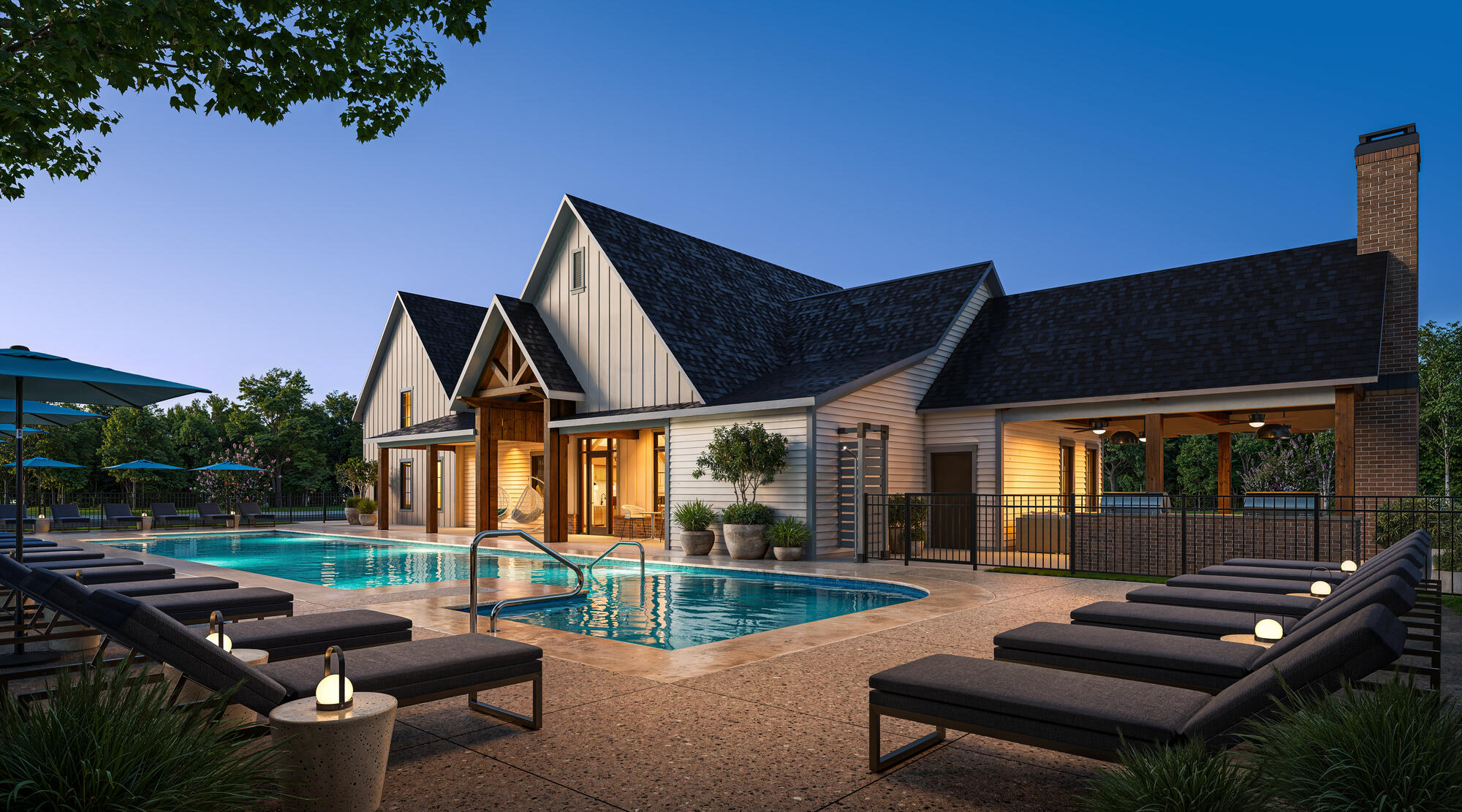 A modern house with a pool in the backyard.